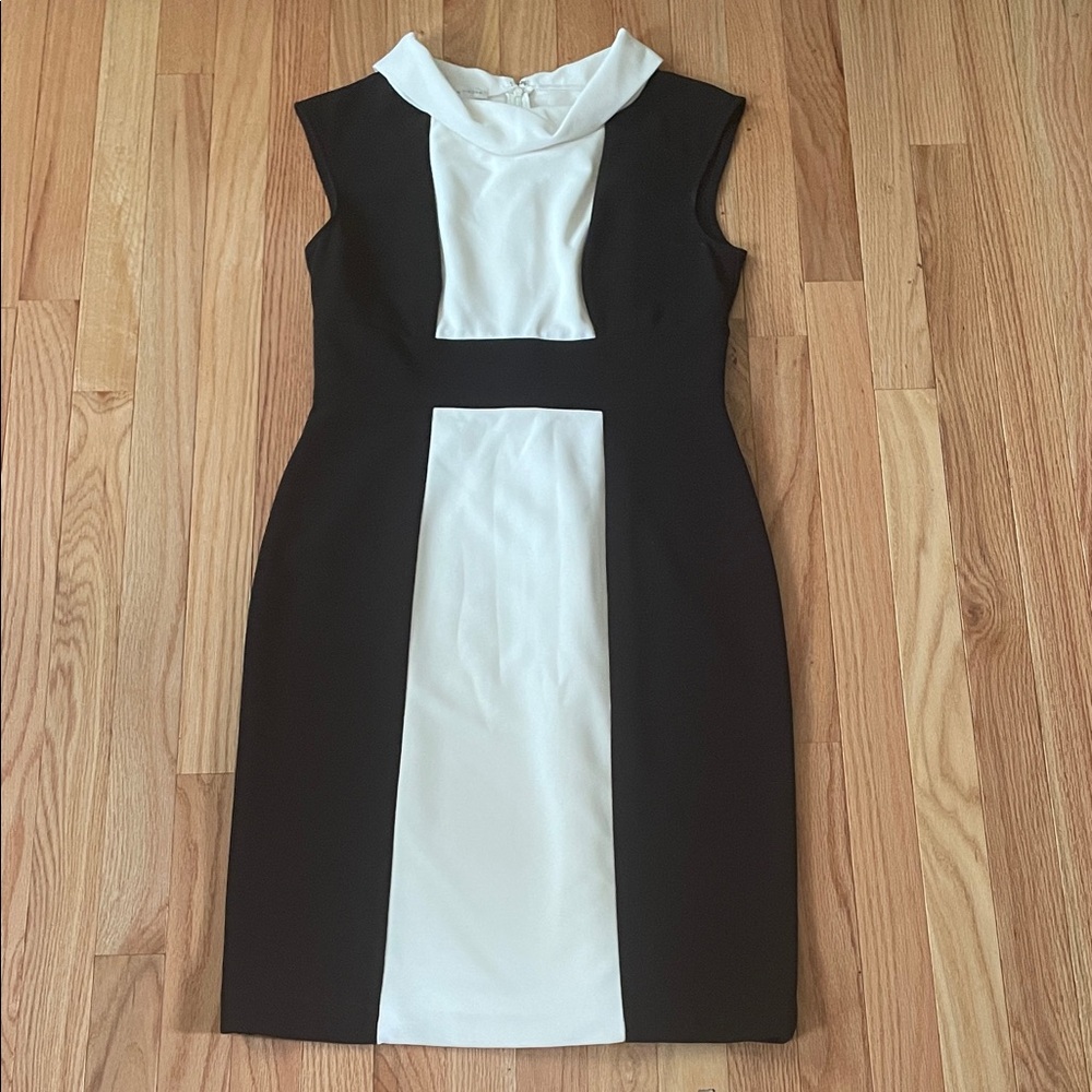 London Times Sheath Mini Dress Womens 8 Black White Colorblock Minimalist Modest